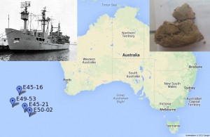 Bild 2: Die Tiefseesedimente aus dem Indischen Ozean sind etwa 1000 km südwestlich von Australien geborgen worden. Das Forschungsschiff Eltanin (oben links, www.navsource.org), das den Bohrkernen auch ihre klingenden Namen gab (E steht für den Schiffsnamen, gefolgt von Cruise- und Bohrkernnummer), holte das Material schon Anfang der 70er Jahre aus dem Meer. Oben rechts ist eine der 2-Euro-münzgroßen Proben dargestellt.