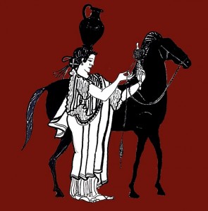 Alles unter einem Hut: Frau mit Hydria auf dem Kopf, Spindel in der Hand und Pferd am Arm. Zeichnung nach Herodot (© Lisa Wirzel)