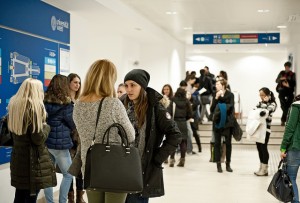 students in the hall of the main building