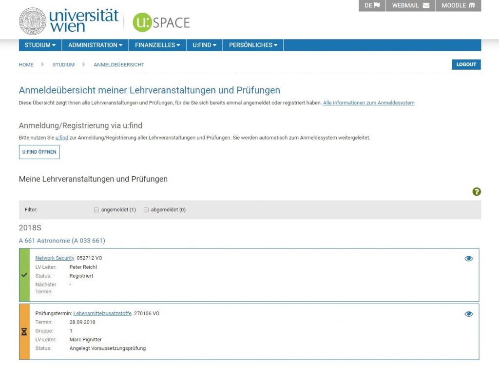 Screenshot Anmeldeübersicht
