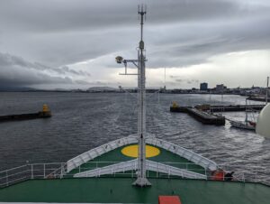 Picture of the MS Merian leaving the port of Reykjavik