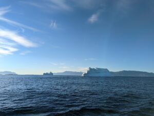 Picture of the sea with icebergs and a clear sky