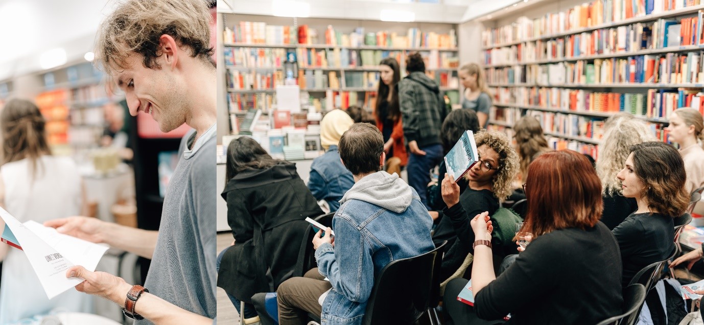 Collage: left, person smiling at an open book, right: a group of people sitting in front of a wall of books;