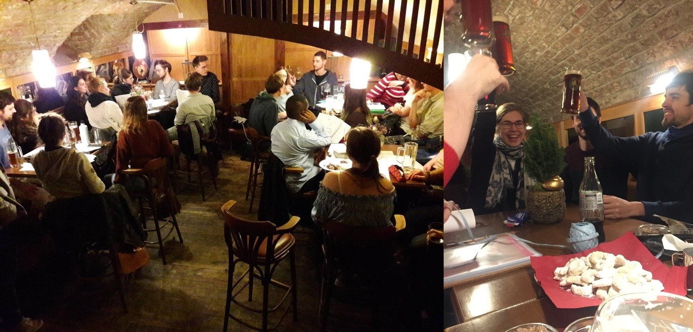 Collage: left: group of people sitting in a pub; right: people raising glasses of beers, smiling
