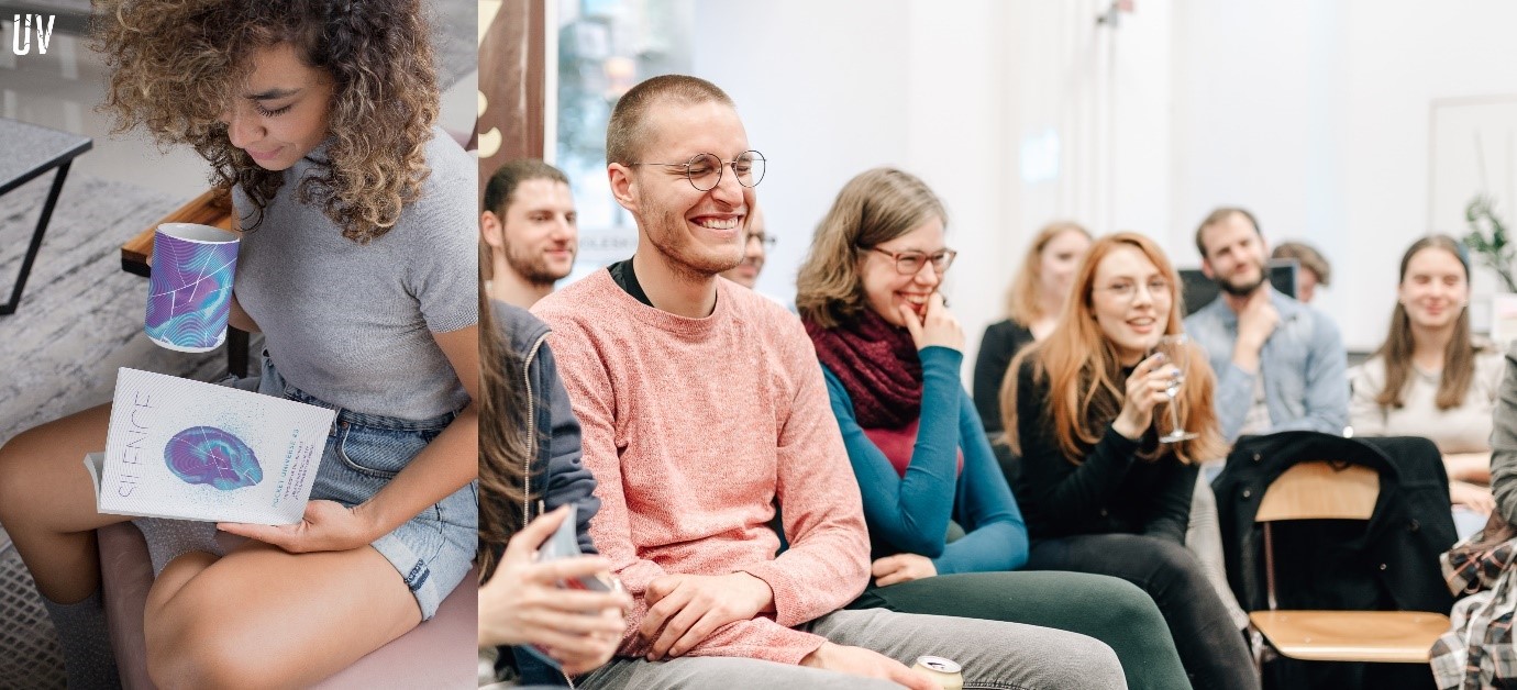 Collage. Left: person sitting on a couch with an open book on their lap; right: people sitting in a row of chairs, smiling widely, laughing