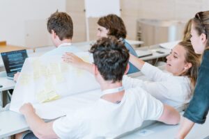 A group of people discussing ideas, they have laptops and mind maps with post-its in front of them and are talking to each other.