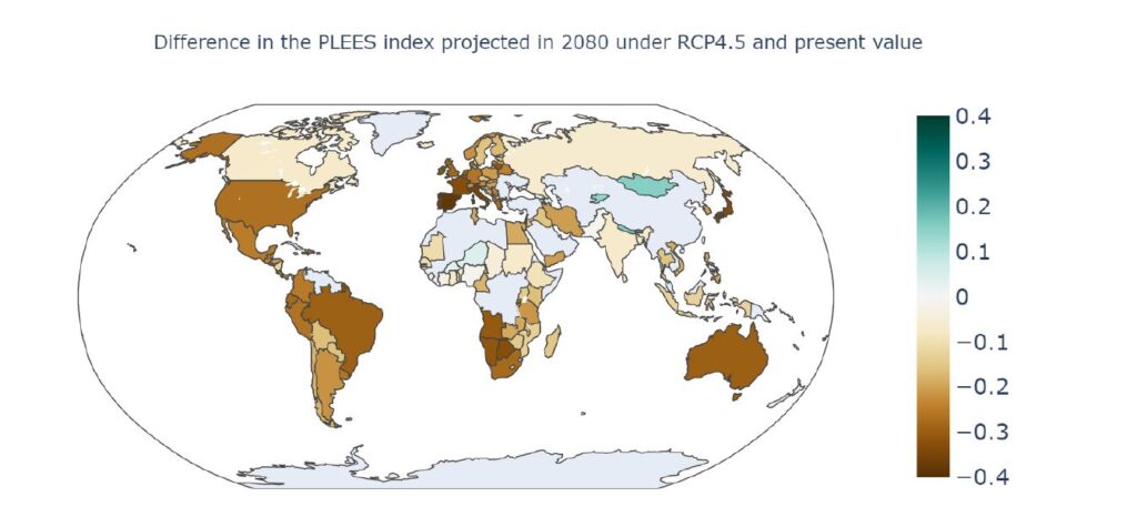 A world map showing the PLEES index