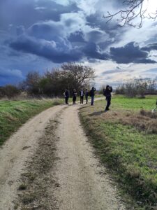 StOAK bei einem Ausflug durch die Natur. Die Gruppe ist von hinten auf einem Weg zu sehen, graue Wolken, durch die die Sonne sehr stark scheint bilden einen Kontrast zur grünen Wiese.