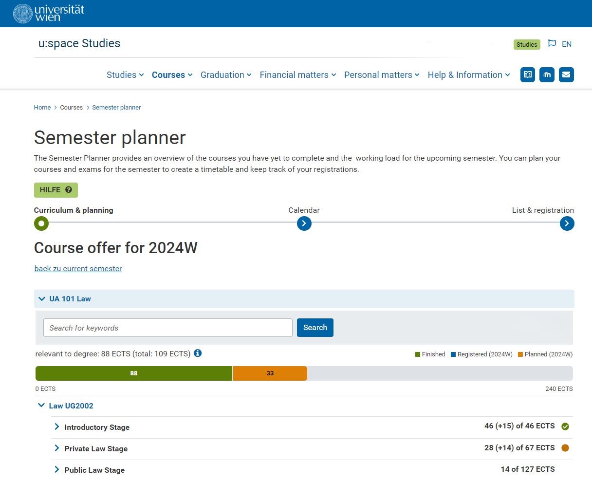 Screenshot of the semester planner