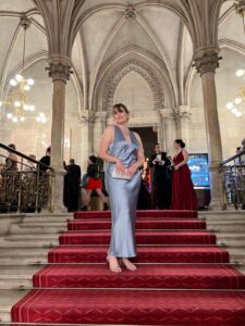 An image of Bridget at the Concordia Ball inside the Rathaus.