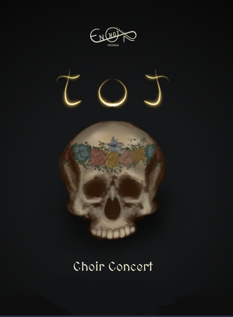Ein Poster mit einem verzierten Totenkopf. Text: tot. Choir Concert