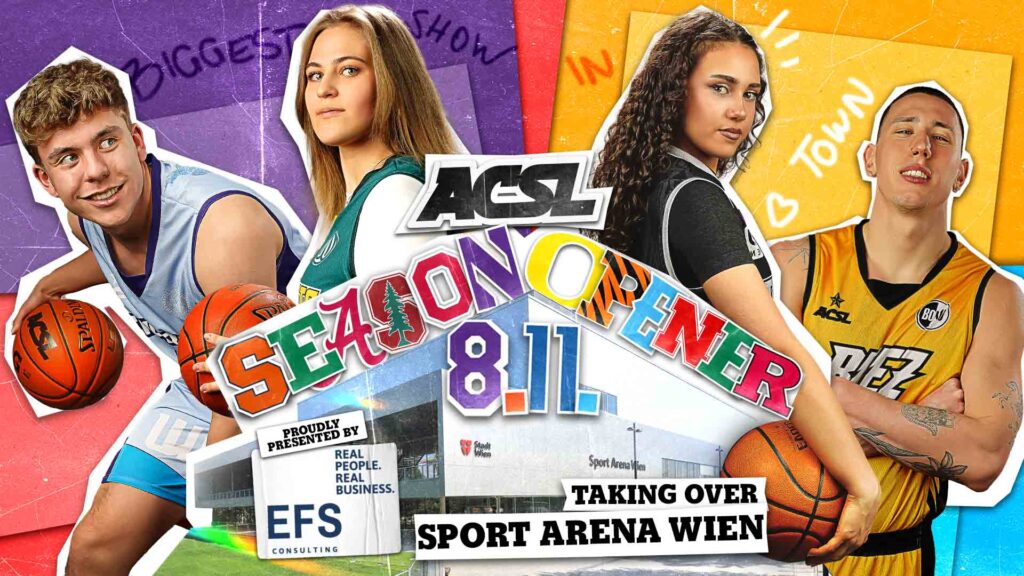 Poster im Collage-Stil mit 4 Basketballer*innen. Text: ACSL Season Opener 8.11.